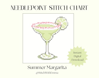 May include: A digital needlepoint stitch chart featuring a pixelated margarita cocktail. The margarita glass is light green with a pink rim and a lime wedge. Text includes "Needlepoint Stitch Chart", "Summer Margarita", and "Instant Digital Download".