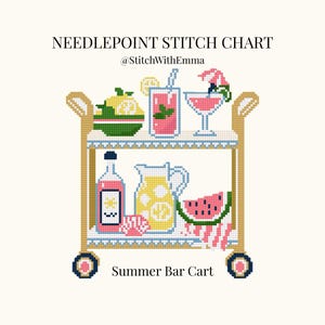 May include: A needlepoint stitch chart titled NEEDLEPOINT STITCH CHART and Summer Bar Cart by @StitchWithEmma. The design features a two-tiered bar cart with a bowl of lemons, a pink drink, a cocktail, a bottle, a pitcher, and a watermelon slice.