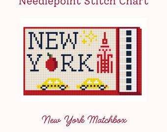 May include: Needlepoint stitch chart with a New York theme. The design features the words "NEW YORK" with a red apple, a yellow sun, and a stylized skyscraper. Two yellow taxis are at the bottom. The text "New York Matchbox" is below the design.