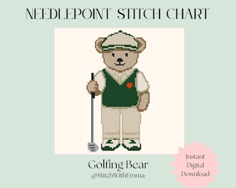 May include: A needlepoint stitch chart featuring a pixelated bear wearing a green and white golf outfit, including a cap, vest with a red heart, and shoes. The bear holds a golf club. Text reads: NEEDLEPOINT STITCH CHART, Golfing Bear, @StitchWithEmma.