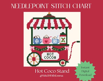 May include: A needlepoint stitch chart featuring a red and white striped hot cocoa stand with three mugs, a canister, and the text HOT COCOA. The design includes a green garland, pink bows, and wheels. The text reads NEEDLEPOINT STITCH CHART, Hot Coco Stand, and @StitchWithEmma.