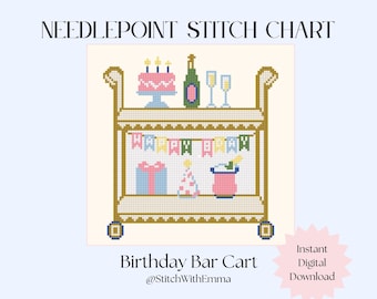 May include: A needlepoint stitch chart titled Birthday Bar Cart featuring a pixelated gold bar cart with two shelves. The top shelf holds a pink cake with candles, a green bottle, and two glasses. The bottom shelf has a gift, party hat, and bucket.