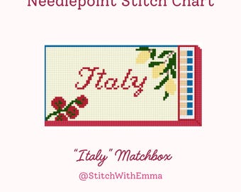May include: Needlepoint stitch chart with the word "Italy" in red script. The design includes red flowers, yellow lemons, and a blue and white striped border. The text "Italy Matchbox" is below the design.