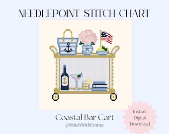 May include: A needlepoint stitch chart titled Coastal Bar Cart by StitchWithEmma. The design features a gold bar cart with a blue and white striped tote bag, pink flowers in a vase, a small American flag, a wine bottle, a martini, and books.