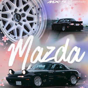 May include: A black Mazda Miata MX-5 roadster with pop-up headlights and a hardtop. The image includes a close-up of a white alloy wheel and the text "Miata MX-5 pattchucky" and "Mazda". The car has the license plate "12-23".