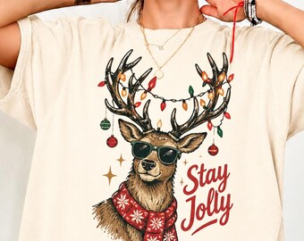 Stay Jolly Reindeer Sweatshirt, Funny Christmas Shirt, Retro Christmas Hoodie, Xmas Reindeer Tee, Holiday Crewneck Gift