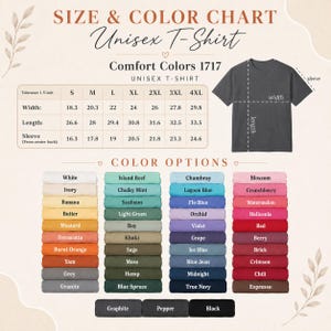 Op de afbeelding: Een maat- en kleurentabel voor een Comfort Colors 1717 unisex t-shirt. De afbeelding bevat een tabel met breedte-, lengte- en mouwmaten in inches voor de maten S tot 4XL, een diagram van een t-shirt en een raster met diverse kleurstalen.