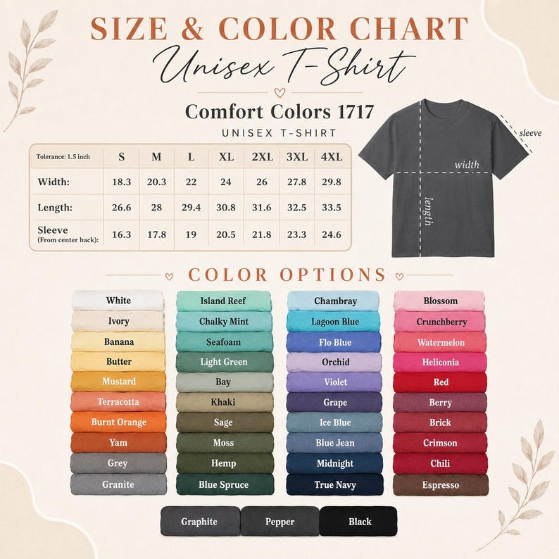 Op de afbeelding: Een maat- en kleurentabel voor een Comfort Colors 1717 unisex t-shirt. De afbeelding bevat een tabel met breedte-, lengte- en mouwmaten in inches voor de maten S tot 4XL, een diagram van een t-shirt en een raster met diverse kleurstalen.