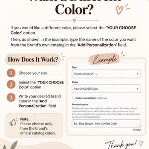 Op de afbeelding: Een instructieve afbeelding met de kop Want a Different Color? die uitlegt hoe u aangepaste kleuren kunt selecteren. Het bevat een genummerde lijst met stappen, een visueel voorbeeld van een personalisatieformulier en een opmerking.