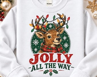 Jolly All The Way Sweatshirt, Reindeer Christmas Shirt, Retro Holiday Hoodie, Cute Deer Crewneck, Funny Xmas Gift