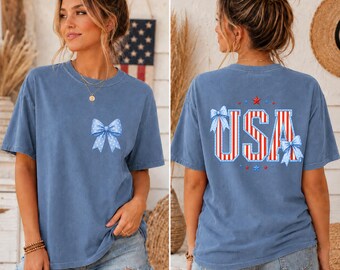 USA Coquette Bow Shirt, 4th of July Red White Blue Patriotic Gift Tee