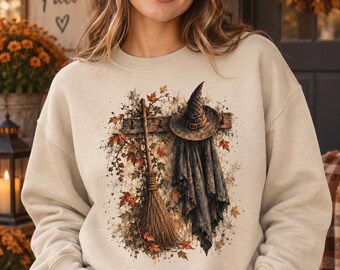 Autumn Witch Shirt and Sweatshirt, Vintage Witch Hat Tee with Broomstick, Fall Witchy Graphic Shirt, Spooky Halloween Witch Gift