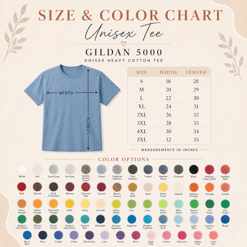 Op de afbeelding: Een maat- en kleurentabel voor het Gildan 5000 unisex t-shirt van zwaar katoen. De afbeelding toont een blauw t-shirt met breedte- en lengtepijlen, een maattabel met afmetingen in inches van S tot 5XL en een raster van gekleurde cirkels.