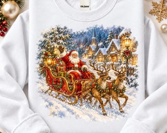 Retro Santa Sweatshirt, 90s Santa Crewneck, Vintage Santa Shirt, Santa Sleigh Sweater, Winter Village Top, Rustic Christmas Tee