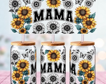 Mama Sunflower UV DTF Cup Wrap Transfer | 16 oz Glass Can Decal | Floral Mom Design #817