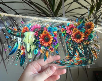 Floral Western Cup Wrap – Bull Skull & Cowboy Boot UV DTF Transfer #462