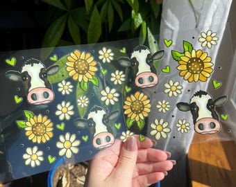 Cute Cow & Sunflowers Uv Dtf Cup Wrap - UV Dtf Cup Wrap - 16oz UV DTF Transfer- Ready to Apply - Cute Cup Wrap #615
