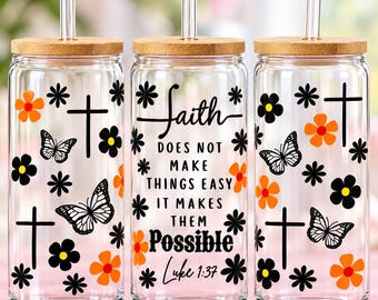 Faith Floral #1287 UV DTF Cup Wrap Transfer | 16 oz Glass Can Decal | Inspirational Flower Design