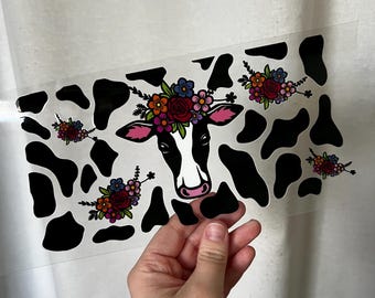 Flower Cow Cup Wrap - 16oz Uv DTF Cup Wrap - Ready to apply - Cute UV DTF Transfers - #419