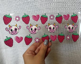 Strawberry Cow Cup Wrap - 16oz Uv DTF Cup Wrap - Ready to apply - Cute Valentine's Day UV DTF Transfers - #297