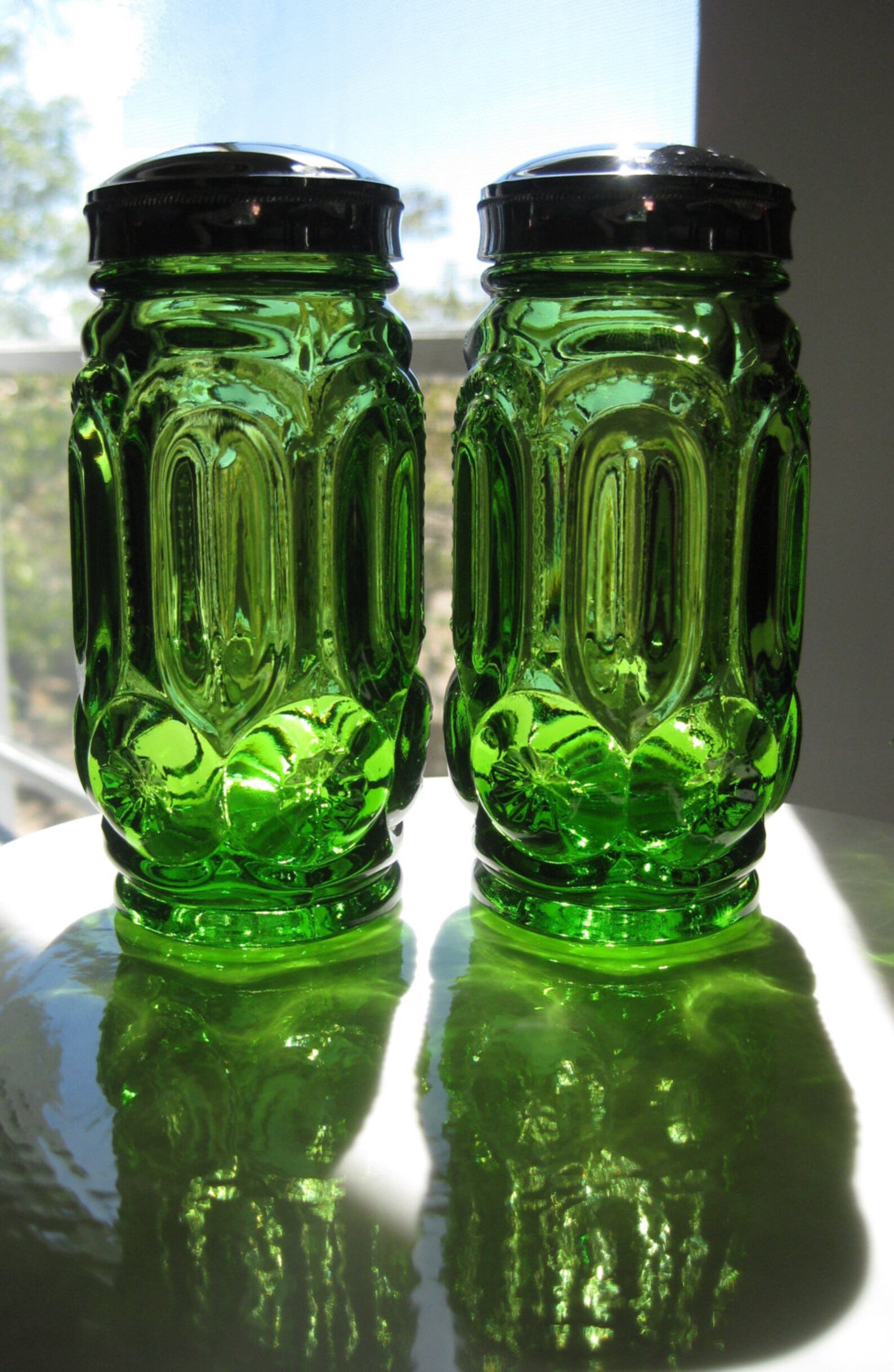 Vintage Green Glass Salt and Pepper Shakers 60's Retro Etsy