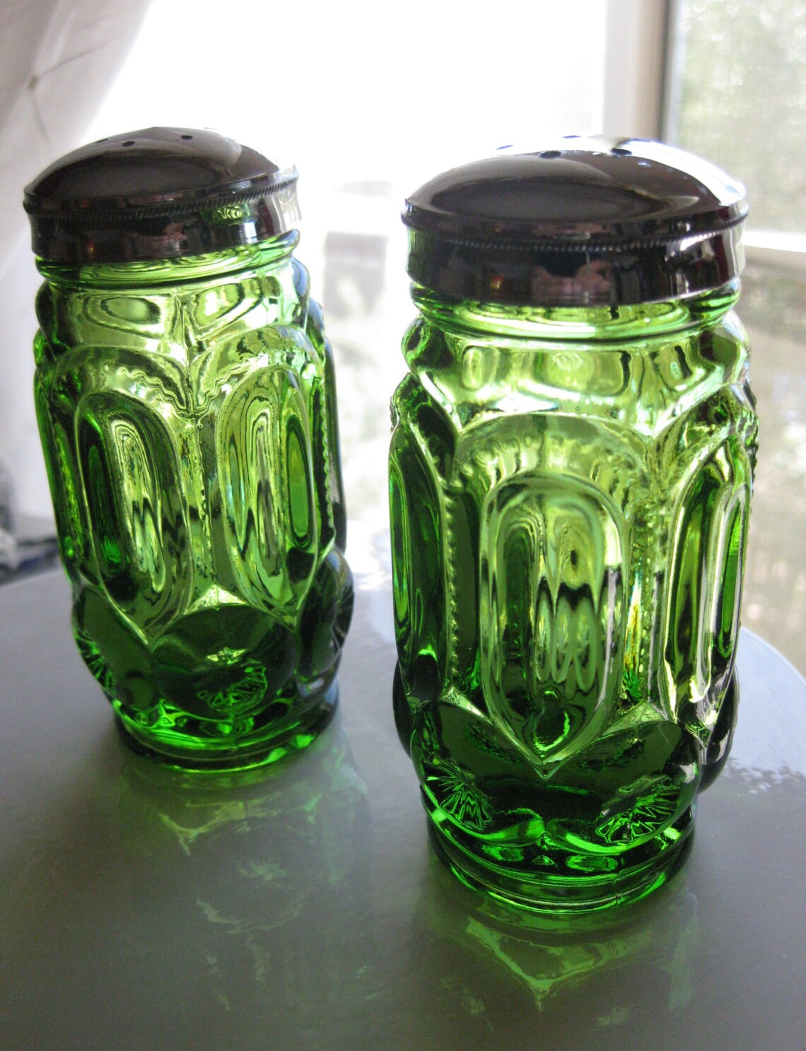 Vintage Green Glass Salt and Pepper Shakers 60's Retro Etsy