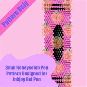 Puede incluir: Un diseño de patrón de bolígrafo rosa y negro con un patrón de panal e ilustraciones de melocotones. El texto dice "Pattern Only" y "3mm Honeycomb Pen Pattern Designed for Inkjoy Gel Pen."