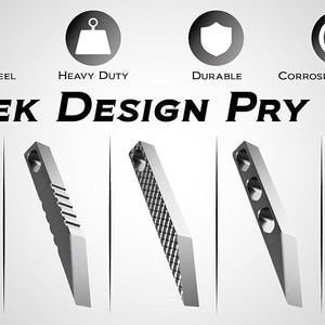 May include: A sleek design pry bar in a metallic finish. The image displays five variations of the pry bar, each with a unique design element. The text indicates the pry bar is stainless steel, heavy duty, durable, and corrosion-resistant.