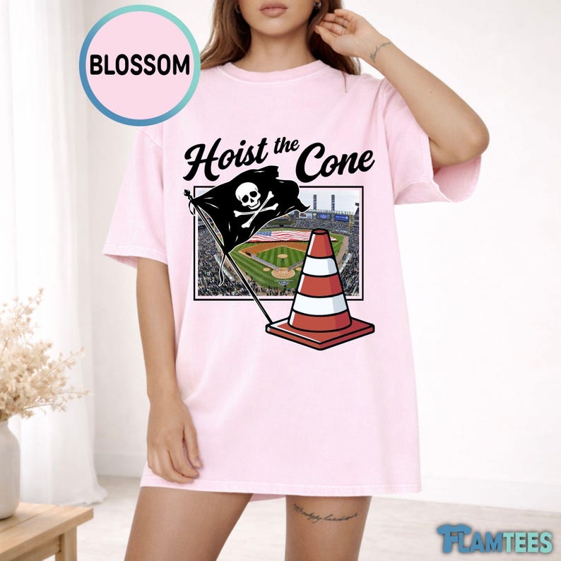May include: Light pink t-shirt with the text "Hoist the Cone" and a graphic of a pirate flag with a skull and crossbones, a traffic cone, and a baseball field. The shirt has short sleeves and a crew neck.
