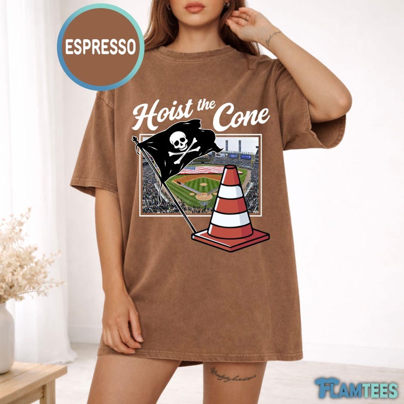 May include: Espresso-colored t-shirt with the phrase "Hoist the Cone" and a graphic of a pirate flag with a skull and crossbones, a traffic cone, and a baseball field. The shirt is a relaxed fit.
