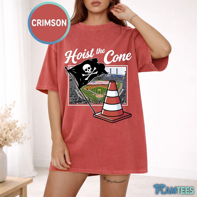 Hoist The Cone Funny Baseball Shirt, Meme Sports Fan Tee, Traffic Cone Pirate Design, Game Day Humor Comfort Colors® Shirt, DTF Printed Crimson