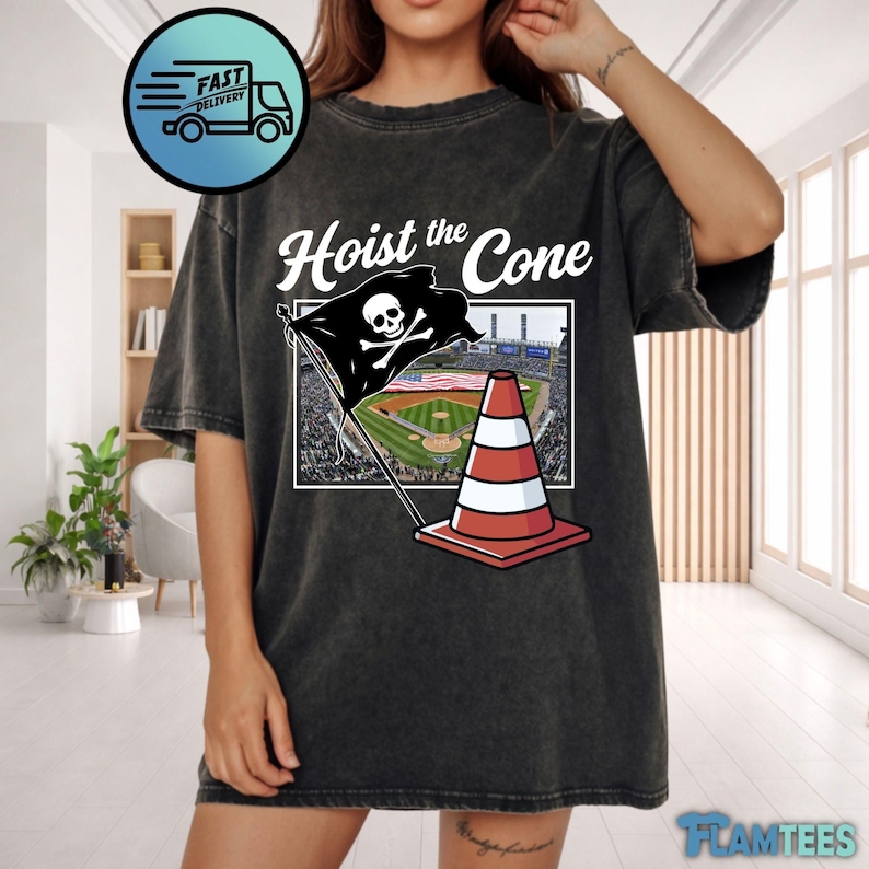 Hoist The Cone Funny Baseball Shirt, Meme Sports Fan Tee, Traffic Cone Pirate Design, Game Day Humor Comfort Colors® Shirt, DTF Printed image 1