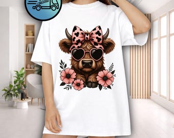 Comfort Colors® Coquette Highland Cow Unisex t-shirt, Pink Bow and Heart Sunglasses Cow Tee, Cute Floral Western Farm Shirt, DTF Printed