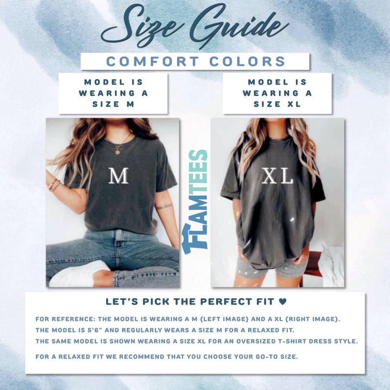 May include: Size guide for Comfort Colors t-shirts. The image shows two models wearing different sizes of the same shirt. One model is wearing a size M, and the other is wearing a size XL. The text says, "Let's pick the perfect fit."