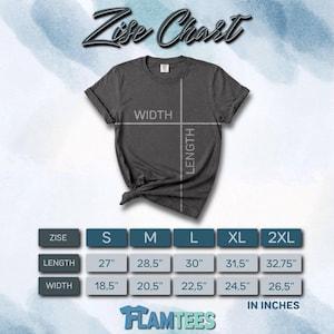 May include: Dark gray t-shirt with a size chart showing length and width measurements in inches. The chart includes sizes S, M, L, XL, and 2XL. The text "Zise Chart" is at the top, and the brand name "FLAMTEES" is at the bottom.