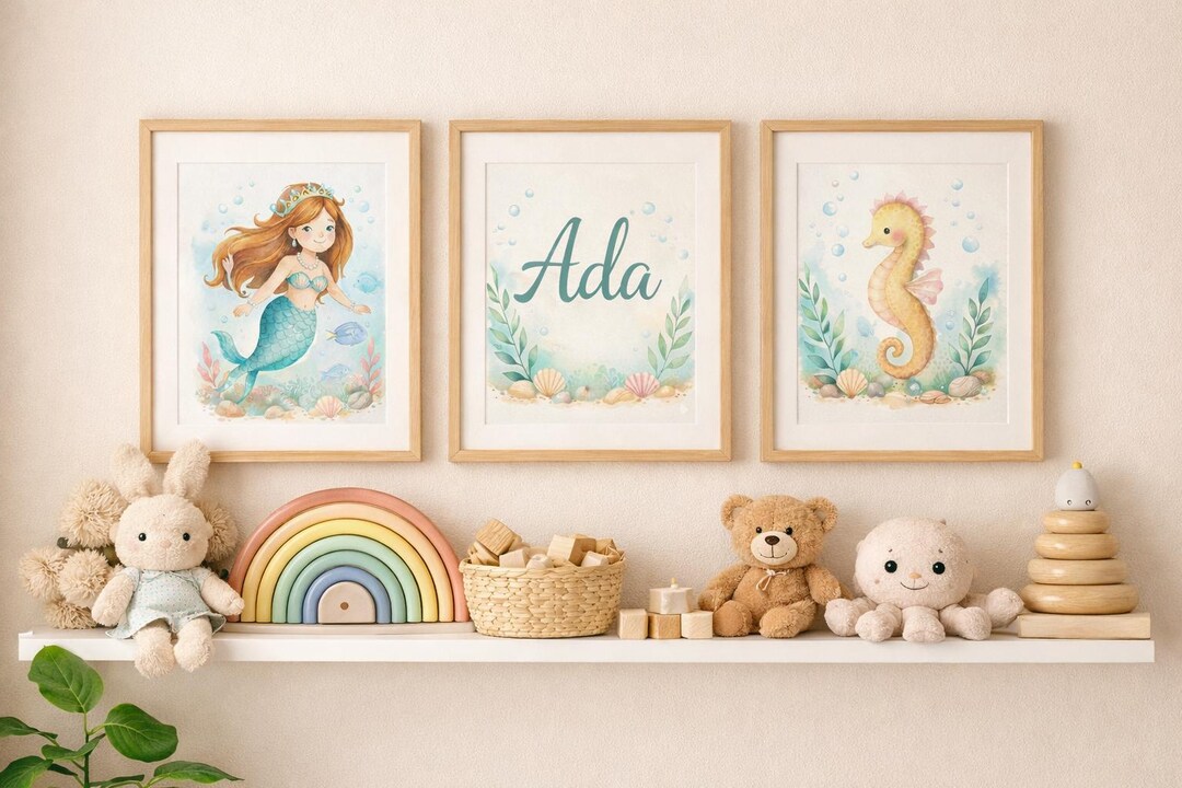 Personalized Mermaid Nursery Wall Art Set | Custom Name Printable ...