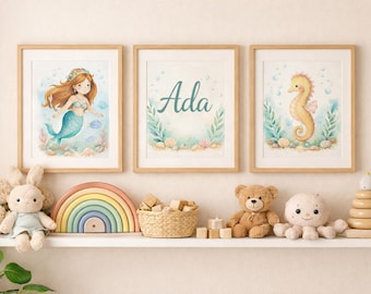 Personalized Mermaid Nursery Wall Art Set | Custom Name Printable | Ocean Nursery Decor | Baby Girl Room Art | Digital Download