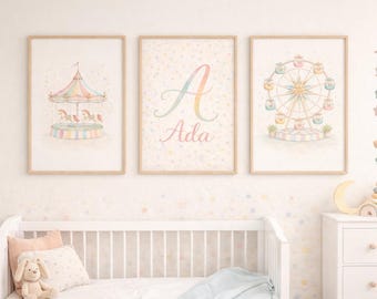 Pastel Carousel Ferris Wheel Nursery Print Set | Personalized Name (Digital Download)