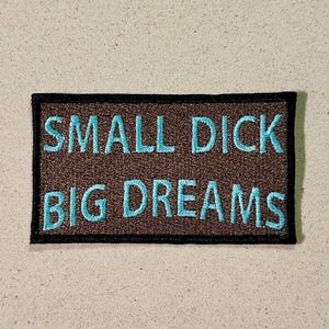Puede incluir: Un parche rectangular con el texto "SMALL DICK BIG DREAMS" bordado en hilo turquesa sobre un fondo marrón. El parche tiene un borde negro y está sobre una superficie neutra y texturizada.