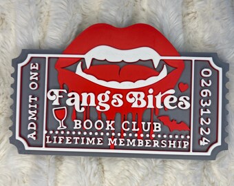 Fangs Bites Book Club Ticket, Vampire Romance Decor, 3D Printed Bookshelf Art