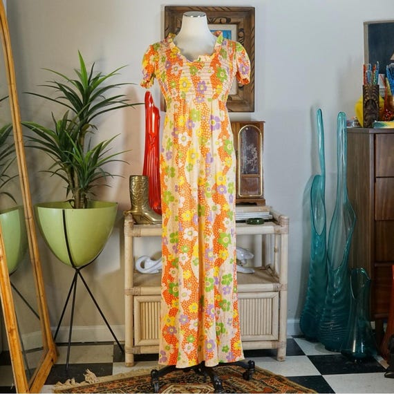 Vintage 60s flower power maxi dress polyester M
