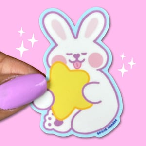 Bunny rabbit Hug Gold Star Vinyl Sticker, Cute bunny sticker, Kawaii stationery, Space lover gifts, Easter party favor, Pastel Easter decor