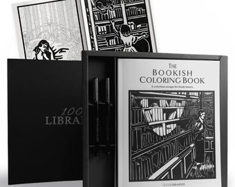 Bookish Coloring Book – Cozy Library Illustrations, Gift Set with Pens