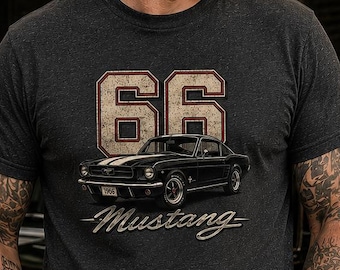 1966 Mustang Shirt Vintage Muscle Car Tee | Classic 66 Mustang Graphic Shirt | Black Ford Pony Car Enthusiast Gift