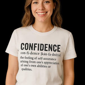 Puede incluir: Una camiseta blanca con la palabra "CONFIDENCE" impresa en letras negras grandes y en negrita. Debajo de la palabra hay una definición de confianza. La persona de la imagen está sonriendo y lleva vaqueros azules.