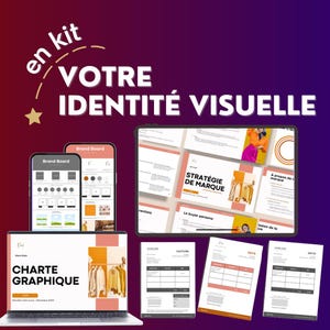 Peut inclure: Un kit de marketing numérique avec le texte "VOTRE IDENTITÉ VISUELLE". Le kit comprend un ordinateur portable affichant une "CHARTE GRAPHIQUE", deux smartphones avec des écrans "Brand Board", une tablette avec "STRATÉGIE DE MARQUE" et des factures.