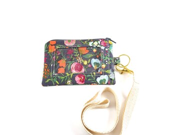 Wildflowers on Charcoal Gray ID Holder Zipper Pouch, ID Holder with Zipper, id case lanyard, id pouch, Badge Case, Lanyard with ID Holder