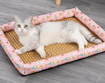 Summer Cooling Cat Bed Mat, Rattan Pet Cooling Pad for Cats Dogs, Breathable Small Dog Bed Cushion
