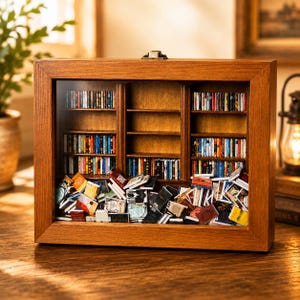 Miniature Bookshelf Shadow Box, Tiny Book Wooden Display Case, Book Lover Gift, Shake Ornament Stress Relief, Bookish Decor, Librarian Gift