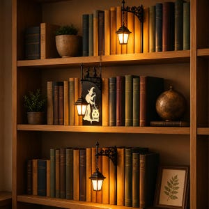 May include: A wooden bookshelf containing rows of books, a potted plant, a globe, and a framed botanical print. Three black metal wall-mounted lanterns with warm glowing lights are attached to the shelves, one featuring a silhouette of a witch.